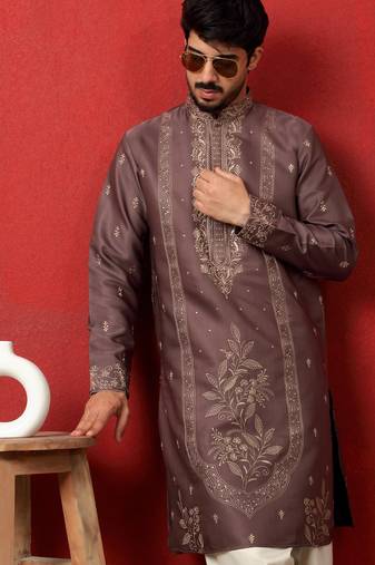 Cotton silk floral and zari embroidered mauve kurta