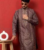Cotton silk floral and zari embroidered mauve kurta