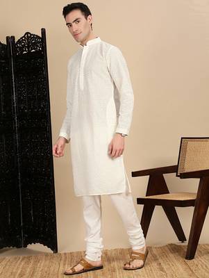 Off white cotton chikankari kurta pajama for mens 2
