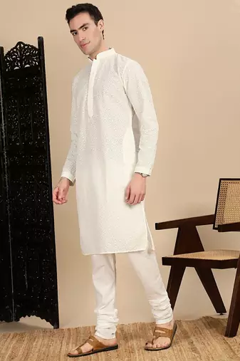 Off white cotton chikankari kurta pajama for mens
