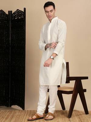 Off white cotton chikankari kurta pajama for mens 3