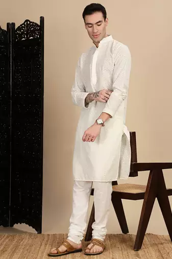 Off white cotton chikankari kurta pajama for mens
