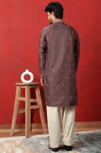 Cotton silk floral and zari embroidered mauve kurta