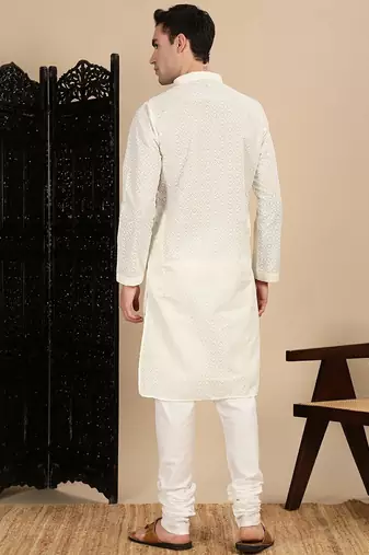 Off white cotton chikankari kurta pajama for mens