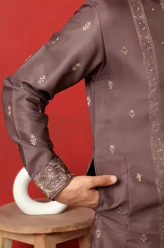 Cotton silk floral and zari embroidered mauve kurta