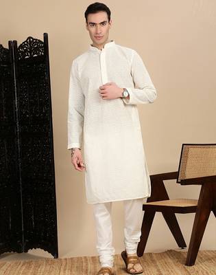 Off white cotton chikankari kurta pajama for mens 5