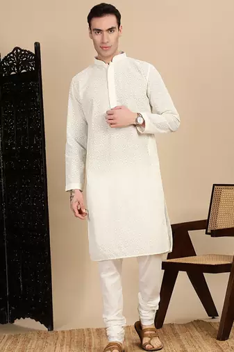 Off white cotton chikankari kurta pajama for mens