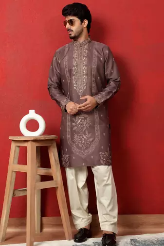 Cotton silk floral and zari embroidered mauve kurta