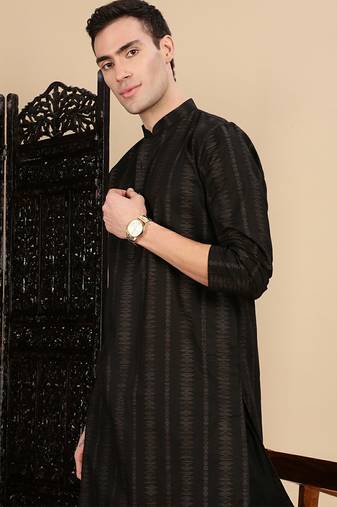 Black cotton textured kurta pajama for mens