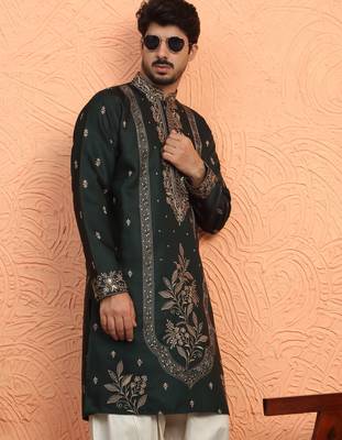 Cotton silk floral and zari embroidered green kurta 1