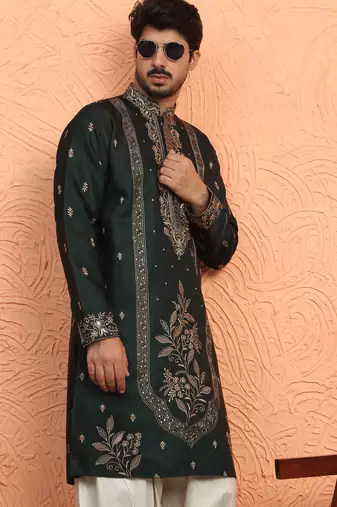 Cotton silk floral and zari embroidered green kurta