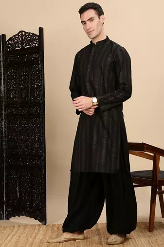 Black cotton textured kurta pajama for mens