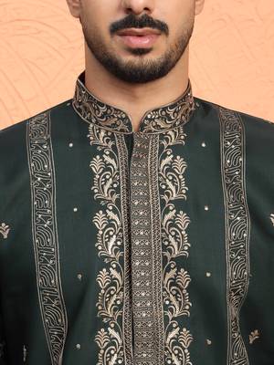 Cotton silk floral and zari embroidered green kurta 2