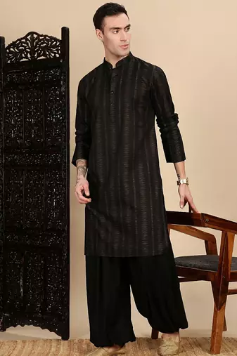 Black cotton textured kurta pajama for mens