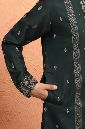 Cotton silk floral and zari embroidered green kurta