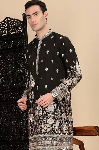 Black silk blend zari kurta pajama for mens
