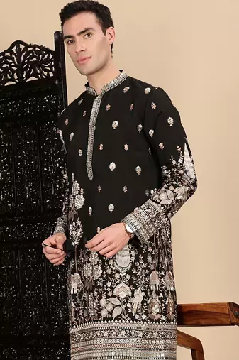 Black silk blend zari kurta pajama for mens
