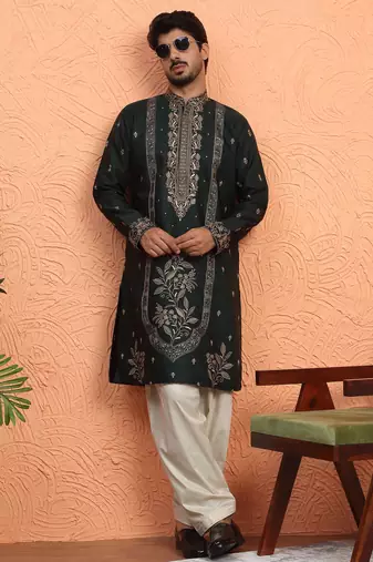 Cotton silk floral and zari embroidered green kurta