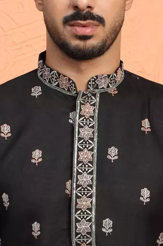 Black floral thread embroidered designer kurta
