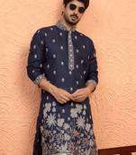Navy blue floral thread embroidered designer kurta