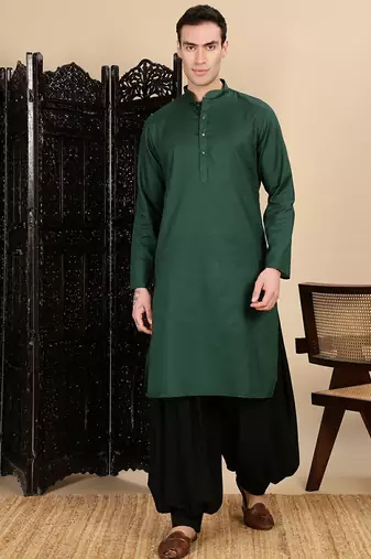 Deep green cotton textured kurta pajama for mens