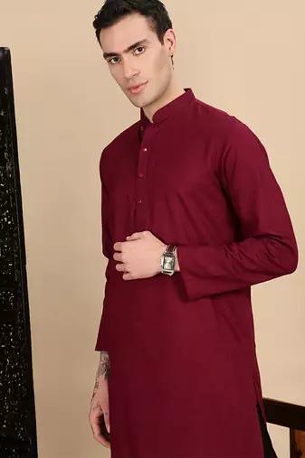 Maroon cotton textured kurta pajama for mens