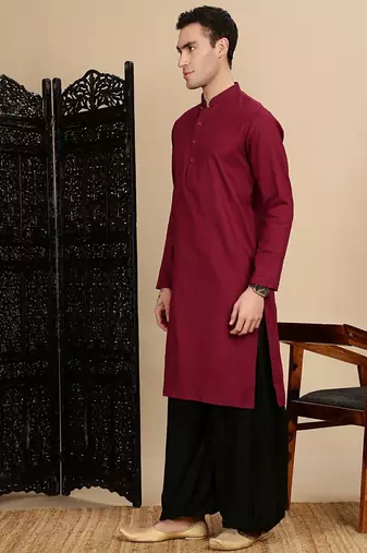 Maroon cotton textured kurta pajama for mens