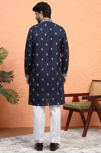 Navy blue floral thread embroidered designer kurta