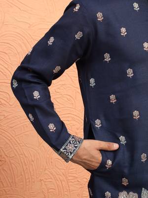 Navy blue floral thread embroidered designer kurta 4