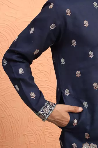 Navy blue floral thread embroidered designer kurta