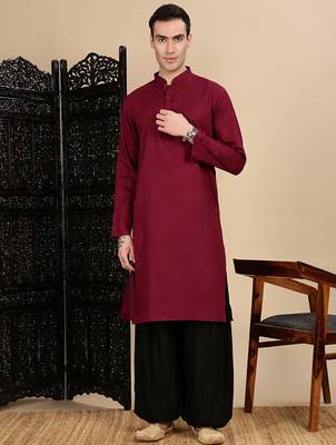 Maroon cotton textured kurta pajama for mens 5