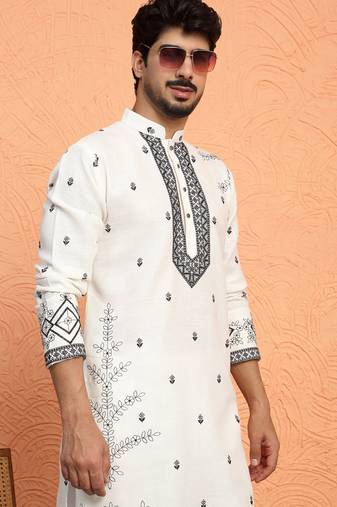 Yoke design embroidered cotton cream kurta