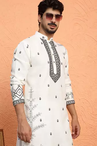 Yoke design embroidered cotton cream kurta