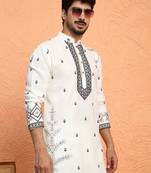 Yoke design embroidered cotton cream kurta