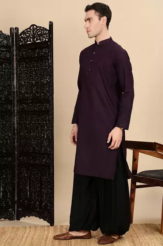 Purple cotton textured kurta pajama for mens