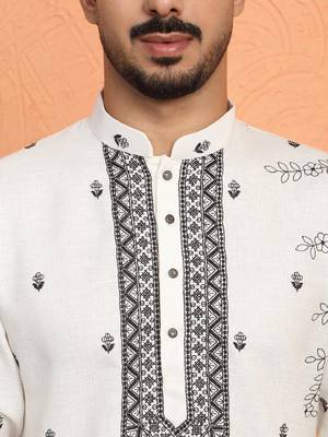 Yoke design embroidered cotton cream kurta 2