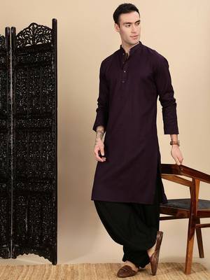 Purple cotton textured kurta pajama for mens 3