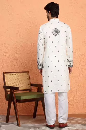 Yoke design embroidered cotton cream kurta