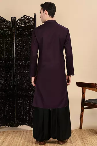 Purple cotton textured kurta pajama for mens