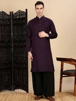 Purple cotton textured kurta pajama for mens 5