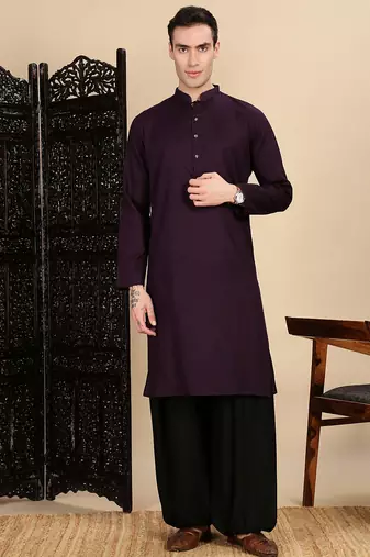 Purple cotton textured kurta pajama for mens