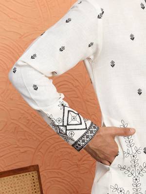 Yoke design embroidered cotton cream kurta 4