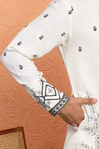 Yoke design embroidered cotton cream kurta