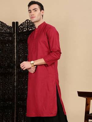 Red cotton textured kurta pajama for mens 1