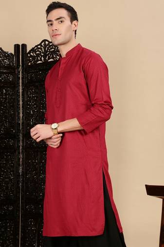 Red cotton textured kurta pajama for mens
