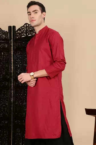 Maroon cotton textured kurta pajama for mens