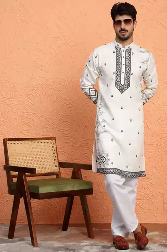 Yoke design embroidered cotton cream kurta