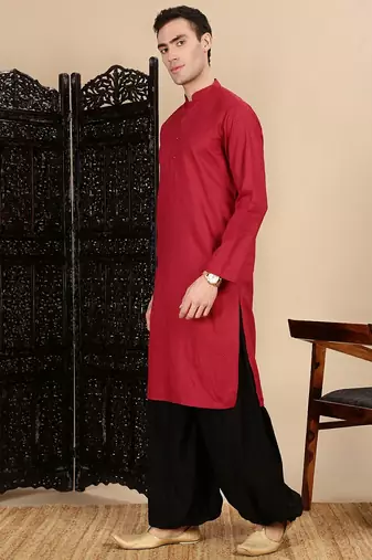Red cotton textured kurta pajama for mens