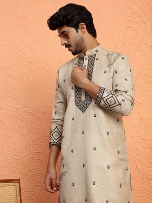 Yoke design embroidered cotton beige kurta 1