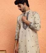 Yoke design embroidered cotton beige kurta